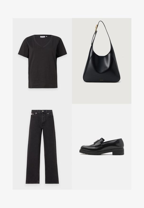 Juodas medvilninis marškinėlis su V formos iškirpte ir trumpomis rankovėmis. Paprastas dizainas, reguliaraus kirpimo, be raštų ar akcentų.; Juodos plačios kojų džinsai, pagaminti iš džinsinio audinio, su aukštu liemeniu, penkių kišenių stiliumi ir metaline sagte su kontrastingo siuvimo detalėmis.; Juodas poliesterinis odinis loaferis su žemu blokiniu kulnu, siuvinėtu pirštu ir metaline sagtimi viršuje, parodytas šoniniame profilyje ant baltos fono.; Juodas odinis pečių krepšys su lygiu paviršiumi, kreiviu siluetu ir auksinės spalvos detalėmis. Pagrindinėje dalyje yra išgraviruotas prekės ženklo logo.