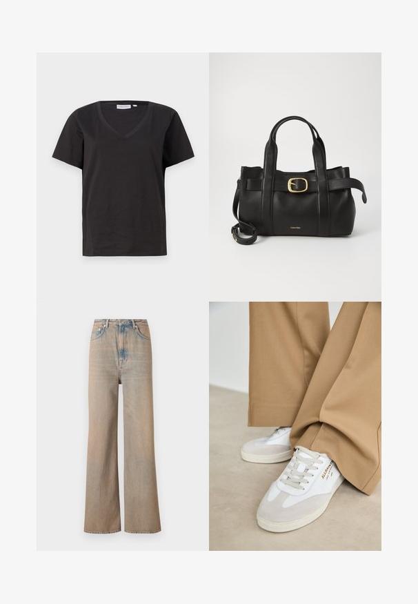 Zwarte katoenen T-shirt met een V-hals en korte mouwen. Eenvoudig ontwerp met een regular fit en zonder patronen of accenten.; Lichtgekleurde wijde jeans met een hoge taille, gemaakt van denim. Voorzien van subtiele stiksels en vijf zakken, met een licht vervaagde textuur.; Witte sneakers met suède accenten, gestructureerde veters en een rubberen zool. Gecombineerd met losse beige broek. Logo zichtbaar aan de zijkant.; Zwarte leren handtas met een gestructureerd ontwerp, dubbele handgrepen aan de bovenkant, een gouden gespaccent en een geperst merklogo aan de voorkant.