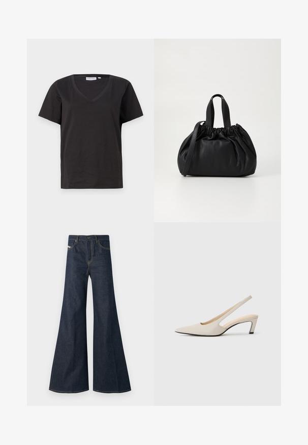 Tricou negru din bumbac cu decolteu în V și mâneci scurte. Design simplu, cu o croială normală și fără modele sau accente.; Jeans negri închis, evazați, din denim, având talie înaltă, accente din fir auriu și două buzunare frontale cu închidere prin buton.; Pantof cu varf ascuțit și bretea în spate, din piele bej, având un design cu decupaje, toc bloc de 5 cm și o textură netedă. Accente negre pe talpă.; Geantă de mână din piele neagră cu un design cu partea superioară plisată, având două mânere scurte și o curea lungă ajustabilă. Textură netedă, formă rotunjită.