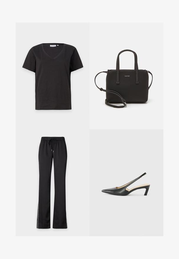 Juodas medvilninis marškinėlis su V formos iškirpte ir trumpomis rankovėmis. Paprastas dizainas, reguliaraus kirpimo, be raštų ar akcentų.; Juodi sportiniai kelnes su raišteliu juosmenyje, tiesiomis kojomis ir baltomis šoninėmis juostelėmis, pagaminti iš lygaus, lengvo audinio.; Juodas smailus slingback batelis su žemu kulnu, pagamintas iš lygaus odos paviršiaus ir su išpjovomis šone, užtikrinančiomis oro pralaidumą.; Juoda rankinė su dviem trumpais rankenėlėmis ir nuimamu petį. Lygaus odos tipo medžiaga su užtrauktuku ir logotipo detale.