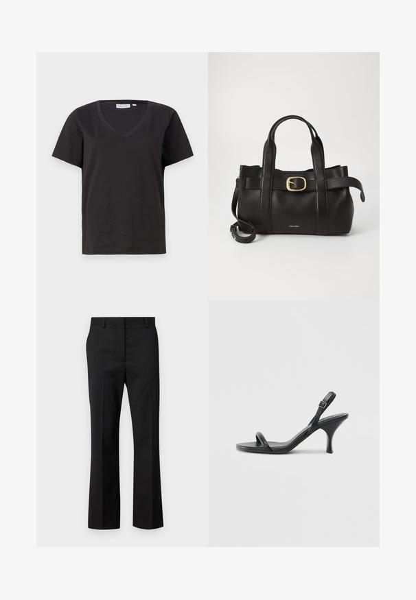 Fekete pamut póló V-nyakkal és rövid ujjakkal. Egyszerű dizájn, normál fazon, minta vagy díszítés nélkül.; Fekete, egyenes szárú szabott nadrág. Simító anyagból készült, lapos elülső résszel és normál derékpánttal, övhurkokkal.; Fekete bőrből készült, magassarkú szandál, vékony, ívelt sarokkal és keresztben átkötött pántokkal. Állítható bokapánt. Sima felület.; Fekete bőr kézitáska, amely strukturált kialakítással rendelkezik, dupla felső fogantyúval, arany tónusú csattal és a márka dombornyomott logójával az elején.