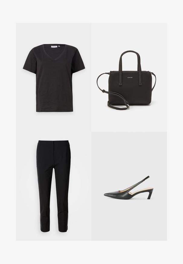 Must musta T-särk V-kaelusega ja lühikeste varrukatega. Lihtne disain, regulaarne istuvus, ilma mustrite ja aktsentideta.; Mustreeritud sirged mustad püksid, valmistatud siledast kangast. Küljel on litsentsi detailid. Puhta ja minimalistliku stiiliga.; Must mustaga, terav varvas, madala kontsaga sildiga king, mis on valmistatud siledast nahast ja mille küljel on lõike disain hingavuse tagamiseks.; Musthave mustrans vöö ja eemaldatav õlarihm. Gludike nahk siledaga, millel on tõmblukk ja logo detail.