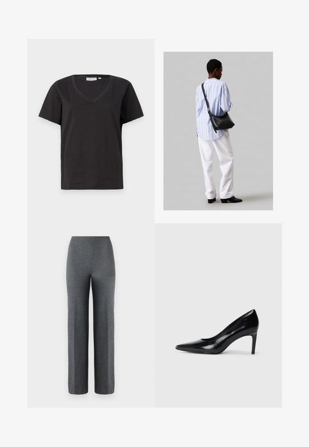 Černé bavlněné tričko s výstřihem do V a krátkým rukávem. Jednoduchý design s klasickým střihem bez vzorů nebo akcentů.; Šedé široké kalhoty vyrobené z měkké, texturované látky. Mají vysoký pas a žádné viditelné kovové prvky nebo ozdoby.; Černé kožené boty na vysokém podpatku s špičatou špičkou, hladkým povrchem a zúženým podpatkem. Minimalistický design, bez dalších ozdob.; Černá kožená kabelka přes rameno s jemnou texturou, trojúhelníkovým tvarem a nastavitelným popruhem, v kombinaci se světle modrou pruhovanou košilí a bílými kalhotami.