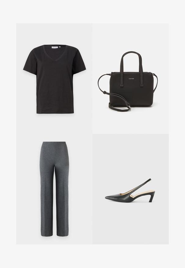 Čierne bavlnené tričko s výstrihom do V a krátkymi rukávmi. Jednoduchý dizajn s bežným strihom a bez vzorov alebo akcentov.; Sivé široké nohavice vyrobené z mäkkej textúrovanej tkaniny. Majú vysoký pás a žiadne viditeľné kovové časti ani ozdoby.; Čierne slingback topánky s ostrou špičkou a nízkym opätkom, vyrobené z hladkej kože a s výrezmi na boku pre lepšiu priedušnosť.; Čierna kabelka s dvojitými krátkymi rúčkami a odnímateľným ramenným popruhom. Hladký materiál podobný koži s uzatváraním na zips a detailom loga.