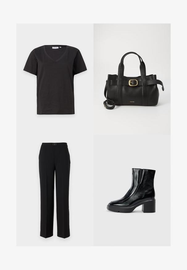 Fekete pamut póló V-nyakkal és rövid ujjakkal. Egyszerű dizájn, normál fazon, minta vagy díszítés nélkül.; Fekete, sima anyagból készült, testre szabott nadrág, egyenes lábujj kialakítással, dekoratív ezüst csattal ellátott derékrésszel, és látható minták nélkül.; Fekete lakkbőr bokacsizma ívelt orral, elasztikus oldalpanelek és vastag blokk sarkal. A hátsó részen dombornyomott logó található.; Fekete bőr kézitáska, amely strukturált kialakítással rendelkezik, dupla felső fogantyúval, arany tónusú csattal és a márka dombornyomott logójával az elején.