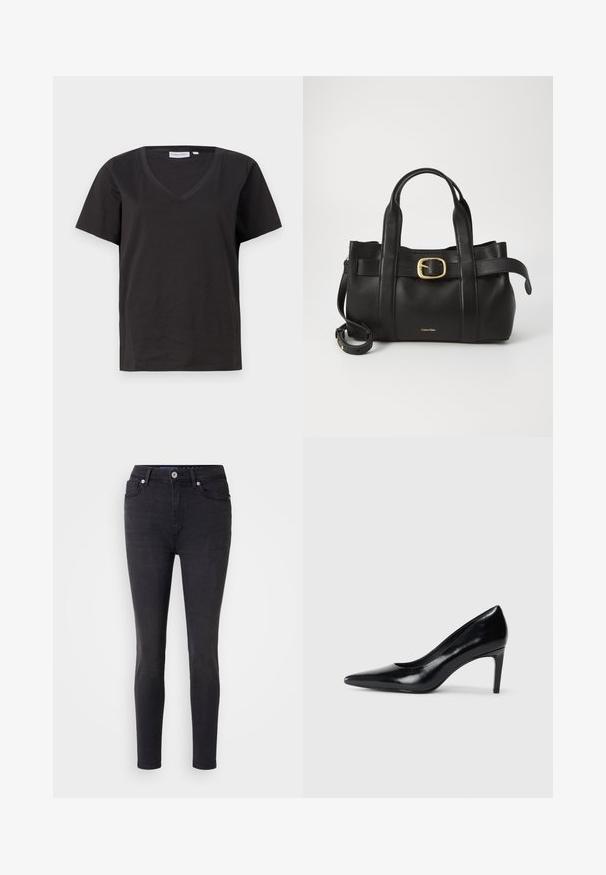 T-shirt de algodão preto com decote em V e mangas curtas. Design simples com um corte regular e sem padrões ou detalhes.; Calças jeans skinny pretas, feitas de denim, com um design clássico de cinco bolsos, apresentando um fecho frontal por botão e detalhes de costura discretos.; Sandalha de salto alto em couro preto com bico apontado, textura lisa e salto afilado. Design minimalista, sem embellishments adicionais.; Bolsa de couro preto com um design estruturado, alças superiores duplas, detalhe de fivela em tom dourado e logotipo da marca em relevo na frente.