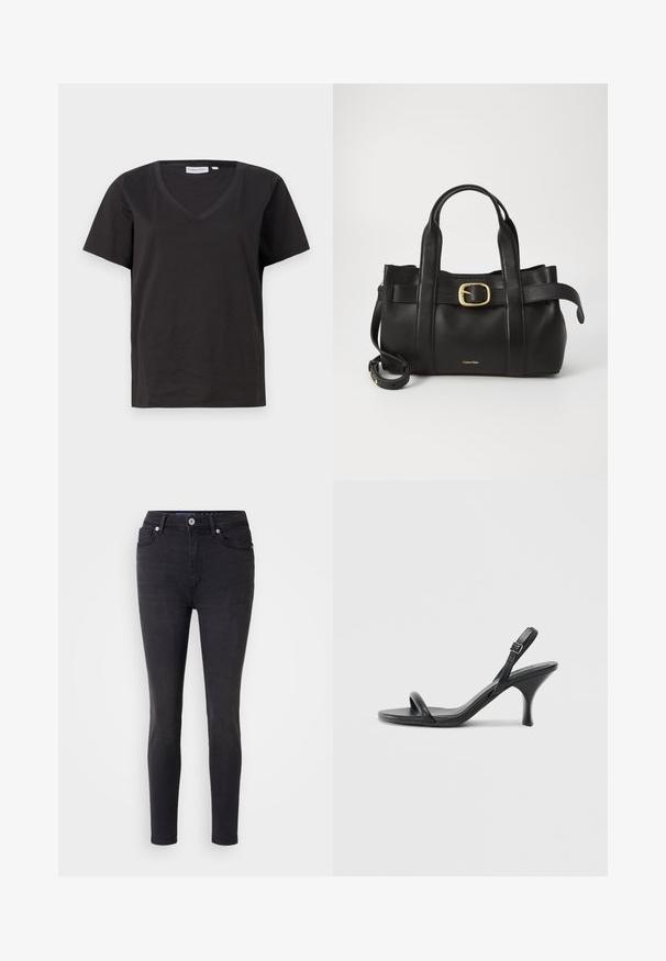 Svart bomull T-skjorte med V-hals og korte ermer. Enkel design med vanlig passform og uten mønstre eller detaljer.; Sorte smale jeans laget av denim med klassisk femlommers design, med frontknappelukking og subtile sømdetaljer.; Sorte skinnhøye hæler med en slank, buet hæl og et kryssrem-design. Justerbar ankelrem. Glatt tekstur.; Svart lærveske med en strukturert design, doble topphåndtak, gullfarget spenneakent og preget merke-logo foran.