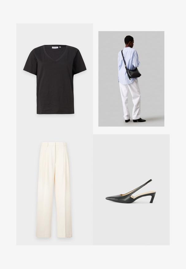 Fekete pamut póló V-nyakkal és rövid ujjakkal. Egyszerű dizájn, normál fazon, minta vagy díszítés nélkül.; Tej nadrág világos krémszínben, sima anyagból készült. Az elején redőzött szabással és egyenes fazonnal rendelkezik.; Fekete, hegyes orrú, slingback cipő alacsony sarkával, sima bőrből készült, oldalt kivágott deisgnal a légáteresztőképesség érdekében.; Fekete bőr válltáska puha tapintással, háromszög alakú, állítható pánttal, világoskék csíkos inggel és fehér nadrággal párosítva.