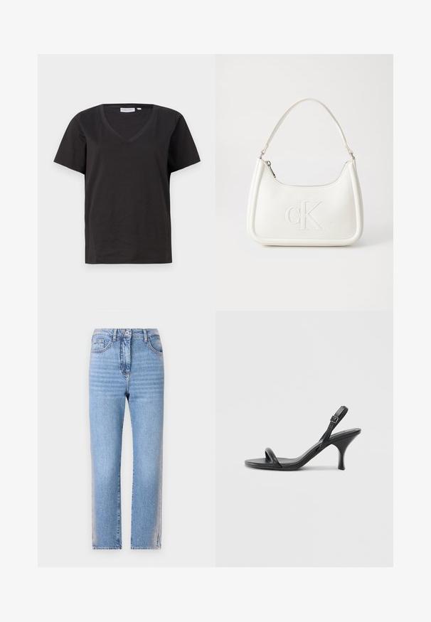 T-shirt in cotone nero con scollo a V e maniche corte. Design semplice con vestibilità regolare, senza motivi o dettagli.; Jeans in denim blu chiaro con taglio diritto, dotati di chiusura con bottone e cerniera, cinque tasche e texture sbiadita sulle gambe.; Sandali con tacco alto in pelle nera, con tacco sottile e curvo e design a fascia incrociata. Cinghia alla caviglia regolabile. Texture liscia.; Borsa a tracolla in pelle bianca con forma curva, dotata di un logo "CK" impresso sul davanti e una singola tracolla. Chiusura a zip nella parte superiore.