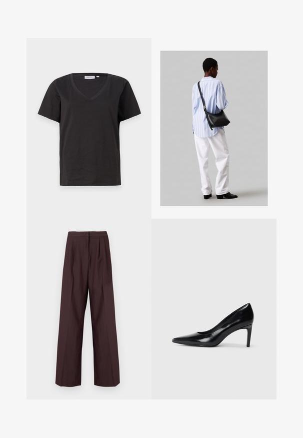 Tricou negru din bumbac cu decolteu în V și mâneci scurte. Design simplu, cu o croială normală și fără modele sau accente.; Pantaloni cu picior larg dintr-un material bordeaux închis. Prezintă un brâu plat și pliuri frontale. Textură netedă cu un design ajustat.; Pantof de damă din piele neagră, cu toc înalt, vârf ascuțit, textură fină și toc conic. Design minimalist, fără embellishments suplimentare.; Geantă de umăr din piele neagră cu o textură moale, formă triunghiulară și curea ajustabilă, asortată cu o bluză cu dungi albastre deschise și pantaloni albi.