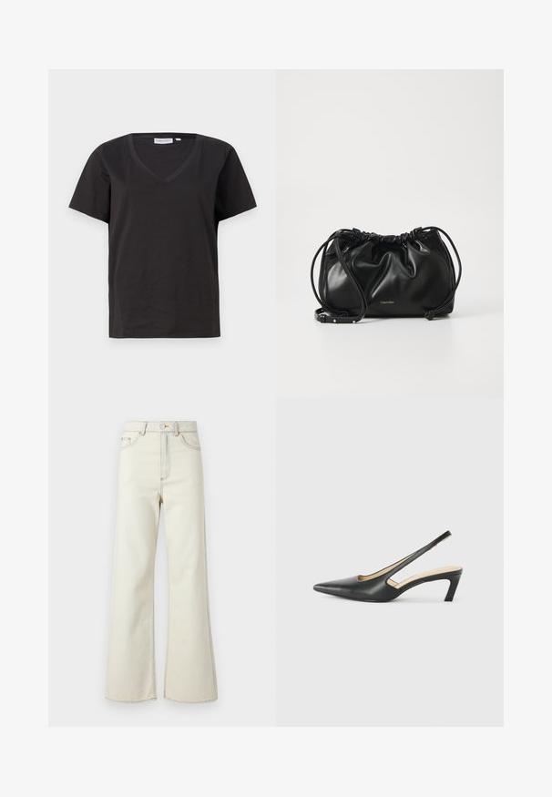 Black cotton T-shirt with a V-neck and short sleeves. Simple design with a regular fit and no patterns or accents.; High-waisted beige denim jeans with wide legs, featuring light stitching and a front zipper closure. No pockets visible.; Black pointy-toed slingback shoe with a low heel, featuring smooth leather material and cut-out design on the side for breathability.; Black leather handbag with gathered design, dual drawstring closure, and detachable shoulder strap. Features metallic logo detail.
