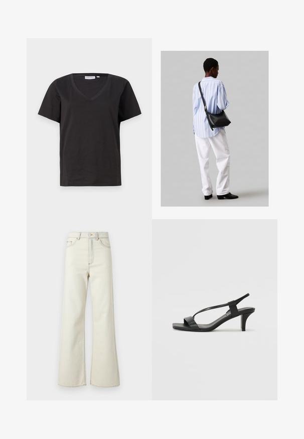 Čierne bavlnené tričko s výstrihom do V a krátkymi rukávmi. Jednoduchý dizajn s bežným strihom a bez vzorov alebo akcentov.; Béžové džíny s vysokým pásom a širokými nohavicami, so svetlým prešitím a predným zipsom. Bez viditeľných vreciek.; Čierne sandále na podpätku so štíhlym dizajnom popruhov, štvorcovou špičkou a stredne vysokým blokovým podpätkom. Vyrobené z hladkej kože s matným povrchom.; Čierna kožená ramenná taška so mäkkou textúrou, trojuholníkovým tvarom a nastaviteľným popruhom, skombinovaná s svetlomodrou pruhovanou košeľou a bielymi nohavicami.