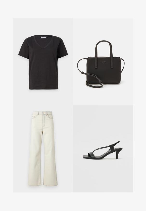 Musta puuvillainen T-paita, jossa on V-kaula-aukko ja lyhyet hihat. Yksinkertainen muotoilu, säännöllinen istuvuus ilman kuvioita tai koristeita.; Korkeavyötäröiset khakiväriset farkut, joissa on leveät lahkeet, kevyellä ompelulla ja etuvetoketjulla. Taskuja ei ole näkyvissä.; Mustat korkokengät, joissa on kapea hihnadesign, neliömäinen varvas ja keskipitkä paksukorko. Valmistettu sileästä nahasta, jossa on mattapinta.; Musta käsilaukku, jossa on kaksinkertaiset lyhyet kahvat ja irrotettava olkahihna. Silkkinen nahkatunneinen materiaali, jossa on vetoketjukiinnitys ja logoyksityiskohta.