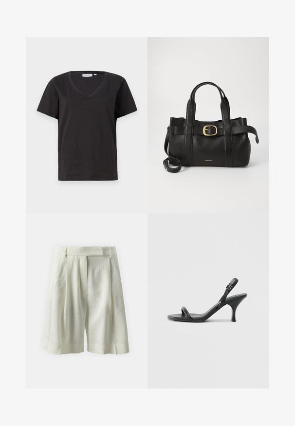 T-shirt in cotone nero con scollo a V e maniche corte. Design semplice con vestibilità regolare, senza motivi o dettagli.; Pantaloni corti plissettati in tessuto avorio chiaro con un sottile motivo astratto. Presentano una vita piatta e una vestibilità rilassata, ideali per il clima caldo.; Sandali con tacco alto in pelle nera, con tacco sottile e curvo e design a fascia incrociata. Cinghia alla caviglia regolabile. Texture liscia.; Borsa a mano in pelle nera con un design strutturato, doppie maniglie superiori, accentuazione in metallo dorato e logo del marchio in rilievo sul davanti.