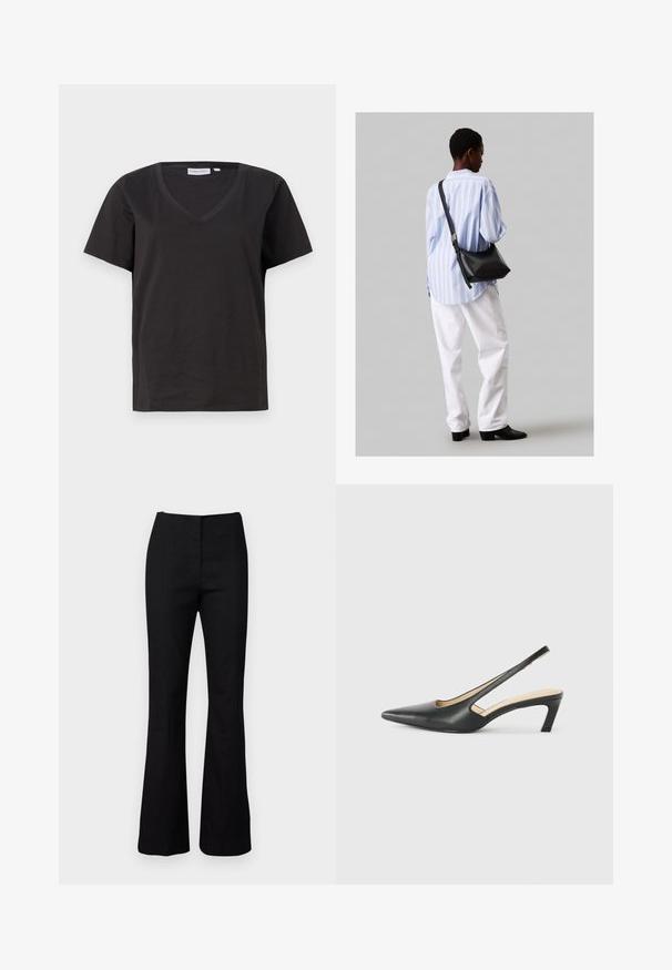 Melnas kokvilnas T-krekls ar V veida kakla izgriezumu un īsām piedurknēm. Vienkāršs dizains ar regulāru piegriezumu un bez rakstiem vai akcentiem.; Melni izplūdes bikses ar gludu tekstūru un pielāgotu piegriezumu. Iezīmē augstu jostasvietu un minimālistisku dizainu. Nav redzamu rakstu vai detaļu.; Melna, ar smailu purngalu, slingback kurpe ar zemu papēdi, izgatavota no gludas ādas materiāla un ar izgriezumiem sānos gaisa caurlaidībai.; Melna ādas plecu soma ar mīkstu tekstūru, trīsstūra formu un regulējamu siksnu, apvienota ar gaiši zilu svītrotu krekli un baltām biksēm.