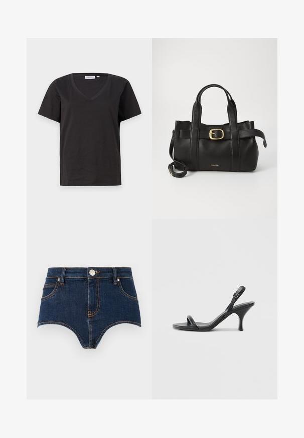 Melnas kokvilnas T-krekls ar V veida kakla izgriezumu un īsām piedurknēm. Vienkāršs dizains ar regulāru piegriezumu un bez rakstiem vai akcentiem.; Augstās jostasvietas džinsa šorti tumši zilā krāsā ar oranžiem diegiem, piecu kabatu dizains, metāla pogas aizdare un izliekta apakšmala.; Melnas ādas augstpapēžu sandales ar plānu, izliekta formas papēdi un krustenisku siksnu dizainu. Regulējama potītes siksna. Gluda tekstūra.; Melnas ādas rokassoma ar strukturētu dizainu, divām augšējām rokturām, zelta toņa sprādzes akcentu un iegravētu zīmola logo priekšpusē.
