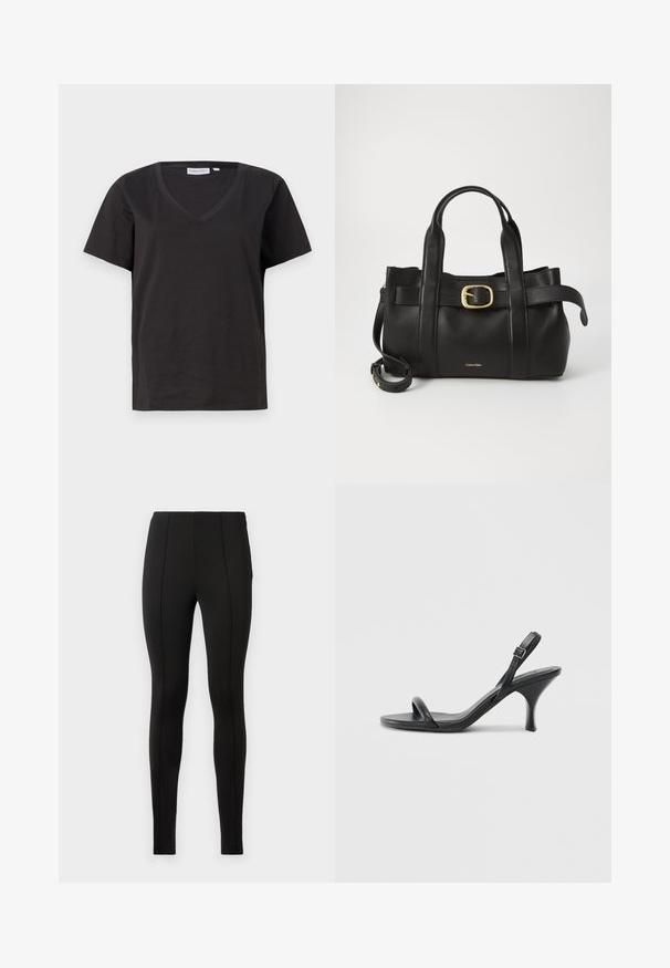 Black cotton T-shirt with a V-neck and short sleeves. Simple design with a regular fit and no patterns or accents.; Black leggings made of stretchy fabric, featuring a smooth texture, high waistband, and vertical seam detailing along the legs.; Black leather high-heeled sandals with a slim, curved heel and a crossed strap design. Adjustable ankle strap. Smooth texture.; Black leather handbag featuring a structured design, dual top handles, gold-tone buckle accent, and embossed brand logo at the front.