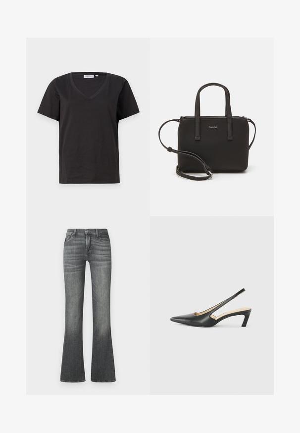 Must musta T-särk V-kaelusega ja lühikeste varrukatega. Lihtne disain, regulaarne istuvus, ilma mustrite ja aktsentideta.; Hallide teksased, mis on valmistatud denimist, omavad keskmise kõrgusega vöökohta, õrna fade'i ning klassikalist viit taskut.; Must mustaga, terav varvas, madala kontsaga sildiga king, mis on valmistatud siledast nahast ja mille küljel on lõike disain hingavuse tagamiseks.; Musthave mustrans vöö ja eemaldatav õlarihm. Gludike nahk siledaga, millel on tõmblukk ja logo detail.