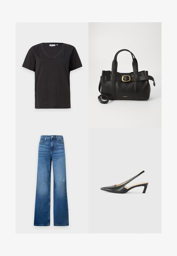 T-shirt de algodão preto com decote em V e mangas curtas. Design simples com um corte regular e sem padrões ou detalhes.; Calças de ganga azul de perna larga com um leve desgaste, apresentando cinco bolsos e uma cintura padrão com fecho de botão. Textura suave.; Sandal com bico fino e calcanhar baixo, em couro liso, com um design recortado na lateral para respirabilidade.; Bolsa de couro preto com um design estruturado, alças superiores duplas, detalhe de fivela em tom dourado e logotipo da marca em relevo na frente.