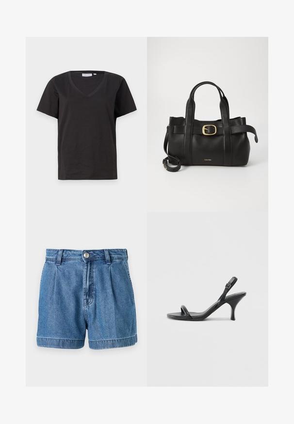 T-shirt en coton noir avec un col en V et des manches courtes. Design simple avec une coupe régulière et sans motifs ni accents.; Shorts en denim bleu, avec une taille haute, un devant plissé et des poignets déroulés. Le tissu a une légère texture et un design standard à cinq poches.; Sandales à talons hauts en cuir noir avec un talon fin et courbé et un design de brides croisées. Bride de cheville réglable. Texture lisse.; Sac à main en cuir noir présentant un design structuré, deux poignées supérieures, un accent de boucle en ton doré et un logo de la marque en relief à l'avant.