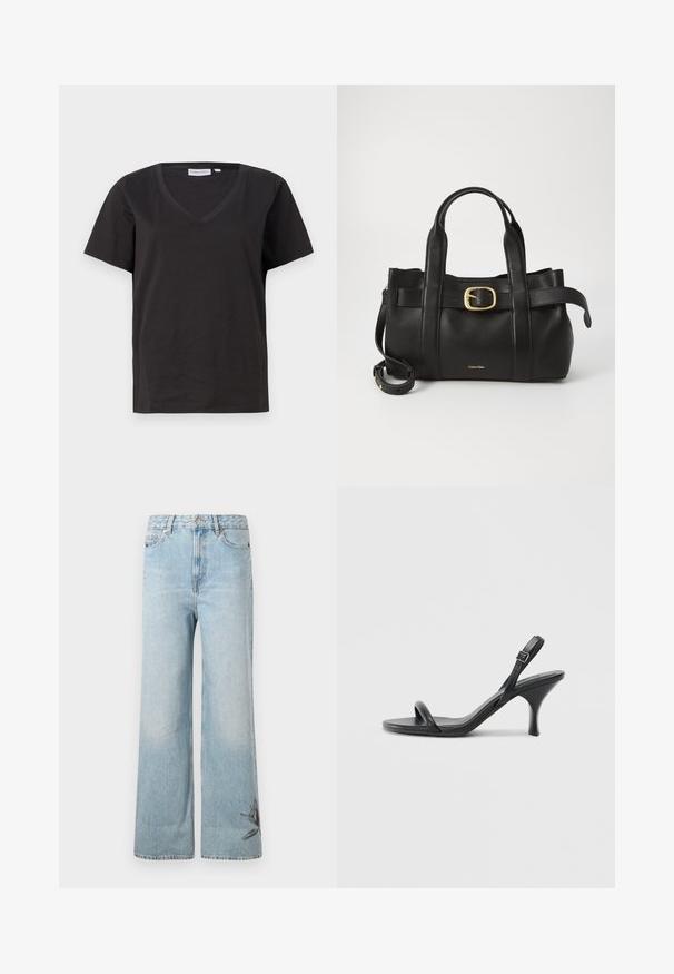 Black cotton T-shirt with a V-neck and short sleeves. Simple design with a regular fit and no patterns or accents.; Light blue wide-leg jeans made of denim, featuring a faded texture and floral embroidery detail on the lower left leg.; Black leather high-heeled sandals with a slim, curved heel and a crossed strap design. Adjustable ankle strap. Smooth texture.; Black leather handbag featuring a structured design, dual top handles, gold-tone buckle accent, and embossed brand logo at the front.