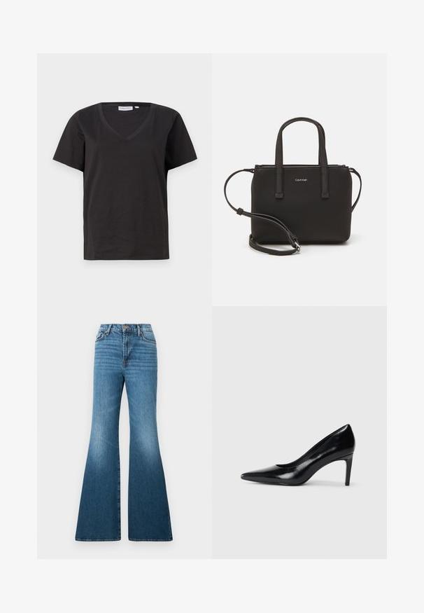 Black cotton T-shirt with a V-neck and short sleeves. Simple design with a regular fit and no patterns or accents.; Blue flared jeans made of denim, featuring a high waist, subtle fading, and stitching details on pockets and seams.; Black leather high heel shoe with a pointed toe, smooth texture, and a tapered heel. Minimalist design, no additional embellishments.; Black handbag with dual short handles and a removable shoulder strap. Smooth leather-like material with a zip closure and logo detail.