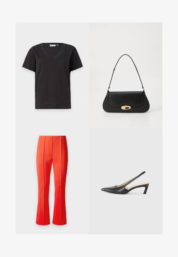 T-shirt en coton noir avec un col en V et des manches courtes. Design simple avec une coupe régulière et sans motifs ni accents.; Pantalons en satin rouge avec une forme évasée, dotés d'un pli sur le devant et d'une bordure décorative à l'ourlet. Un petit accent métallique se trouve au niveau de la taille.; Slingback noir à bout pointu avec un petit talon, en cuir lisse et doté d'un design découpé sur le côté pour plus de respirabilité.; Sac à main en cuir noir avec un design incurvé, matériel doré et une poignée sur le dessus. Présente une fermeture élégante et une texture lisse.
