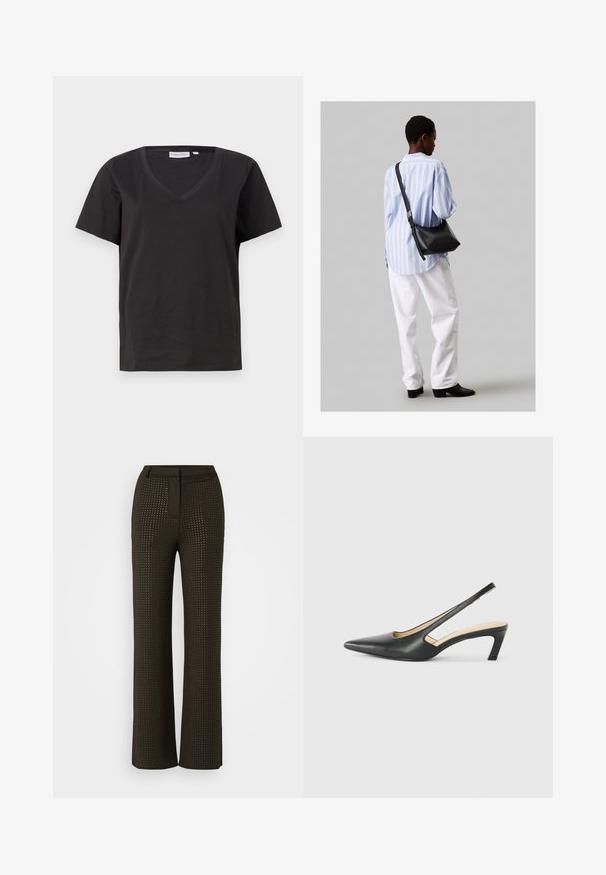 Must musta T-särk V-kaelusega ja lühikeste varrukatega. Lihtne disain, regulaarne istuvus, ilma mustrite ja aktsentideta.; Tumedate jalad tumepruuni värviga, millel on tekstuuriga muster väikeste lõikekohtadega. Omab sobivat vöökohta ja saumatut disaini, mis tagab sileda välimuse.; Must mustaga, terav varvas, madala kontsaga sildiga king, mis on valmistatud siledast nahast ja mille küljel on lõike disain hingavuse tagamiseks.; Must have mustras alasi nahkpatsi, pehme tekstuuriga, kolmnurkse kujuga ja reguleeritava rihmaga, koos helesinise triibulise särgi ja valgete pükstega.