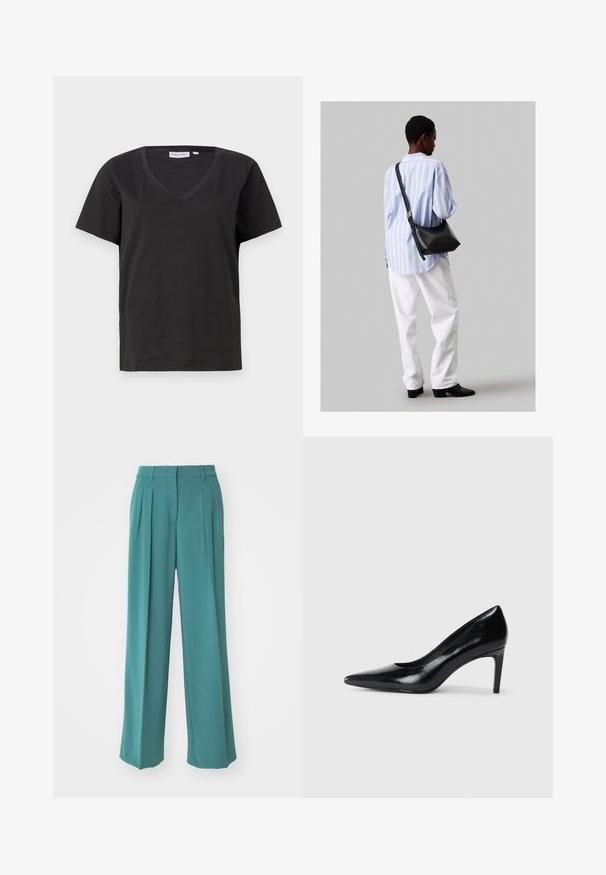 Schwarzes Baumwoll-T-Shirt mit V-Ausschnitt und kurzen Ärmeln. Einfaches Design mit normalem Schnitt und ohne Muster oder Akzente.; Marc Cain Stoffhose - soft forest; Schwarzer Lederhochschuh mit spitzem Zehenbereich, glatter Textur und schmalem Absatz. Minimalistisches Design, keine zusätzlichen Verzierungen.; Schwarze Leder-Umhängetasche mit weicher Textur, dreieckiger Form und verstellbarem Tragegurt, kombiniert mit einem hellblauen gestreiften Hemd und weißen Hosen.