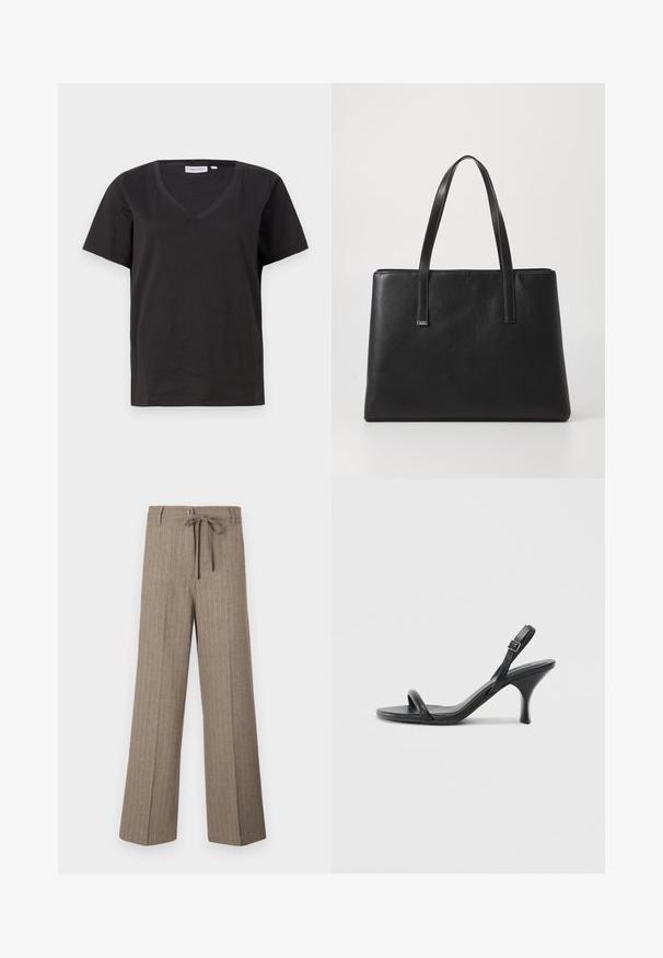 Black cotton T-shirt with a V-neck and short sleeves. Simple design with a regular fit and no patterns or accents.; Brown pinstripe trousers with a loose fit, featuring a tie waist, wide legs, and a soft texture, made from a woven fabric.; Black leather high-heeled sandals with a slim, curved heel and a crossed strap design. Adjustable ankle strap. Smooth texture.; Black leather tote bag with two long handles, rectangular shape, textured surface, and minimalistic design. No visible hardware or accents.