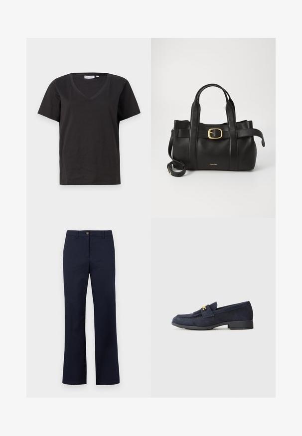 Zwarte katoenen T-shirt met een V-hals en korte mouwen. Eenvoudig ontwerp met een regular fit en zonder patronen of accenten.; Marineblauwe broek van gladde stof. Ze hebben een rechte pijp, knoopsluiting en minimale stikdetails.; Marineblauwe suède instappers met een lage zwarte hak, voorzien van een decoratief gouden hardwaredetail aan de voorkant en een rond neuzenontwerp.; Zwarte leren handtas met een gestructureerd ontwerp, dubbele handgrepen aan de bovenkant, een gouden gespaccent en een geperst merklogo aan de voorkant.