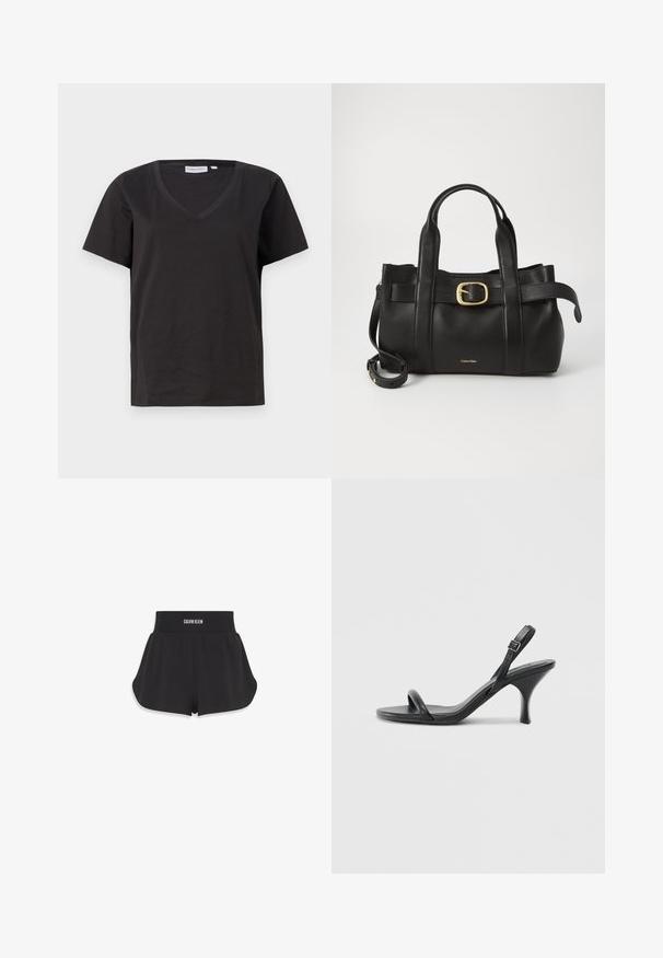 Černé bavlněné tričko s výstřihem do V a krátkým rukávem. Jednoduchý design s klasickým střihem bez vzorů nebo akcentů.; Černé sportovní šortky vyrobené z lehké tkaniny, s širokým elastickým pasem s logem "Calvin Klein". Rovný střih a hladká struktura.; Černé kožené sandály na vysokém podpatku s úzkým, zakřiveným podpatkem a designem s překříženými popruhy. Nastavitelný pásek kolem kotníku. Hladký povrch.; Černá kožená kabelka s upraveným designem, dvojitými vrchními madly, pozlaceným přezkovým akcentem a vyraženým logem značky na přední straně.