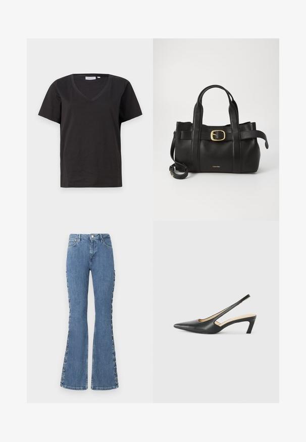 Svart bomull T-skjorte med V-hals og korte ermer. Enkel design med vanlig passform og uten mønstre eller detaljer.; Høyt liv, utsvungne blå jeans laget av denim med dekorativ snøring langs sidene og en klassisk fem-lomme-design.; Svart spiss tå slingback-sko med lav hæl, laget av jevnt skinnmateriale og med utskåret design på siden for pusteevne.; Svart lærveske med en strukturert design, doble topphåndtak, gullfarget spenneakent og preget merke-logo foran.