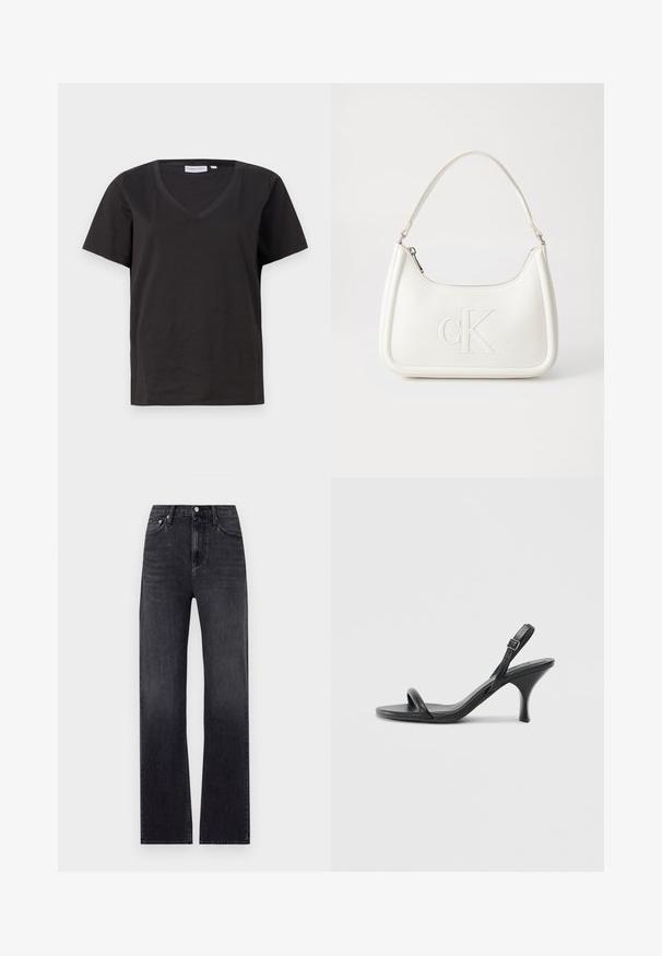 Melnas kokvilnas T-krekls ar V veida kakla izgriezumu un īsām piedurknēm. Vienkāršs dizains ar regulāru piegriezumu un bez rakstiem vai akcentiem.; Melni taisni džinsi, izgatavoti no denima, ar augstu jostasvietu, piecām kabatām un ar rāvējslēdzēja aizdari un pogu. Nedaudz izbalējusi krāsa.; Melnas ādas augstpapēžu sandales ar plānu, izliekta formas papēdi un krustenisku siksnu dizainu. Regulējama potītes siksna. Gluda tekstūra.; Balta ādas rokassoma ar noapaļotu formu, uz kuras priekšpuses ir izgriezts "CK" logo un viena plecu siksna. Augšā aizverama ar rāvējslēdzēju.
