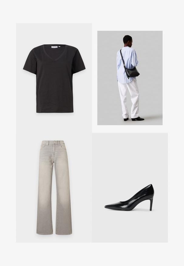 Čierne bavlnené tričko s výstrihom do V a krátkymi rukávmi. Jednoduchý dizajn s bežným strihom a bez vzorov alebo akcentov.; Šedé široké džínsy s vyblednutým povrchom, zapínanie na gombík, dizajn s piatimi vreckami a prešitie pozdĺž švov.; Čierna kožená vysoká topánka s ihlovým podpätkom a špičatou špicou, hladkou textúrou a zúženým podpätkom. Minimalistický dizajn, bez ďalších ozdôb.; Čierna kožená ramenná taška so mäkkou textúrou, trojuholníkovým tvarom a nastaviteľným popruhom, skombinovaná s svetlomodrou pruhovanou košeľou a bielymi nohavicami.