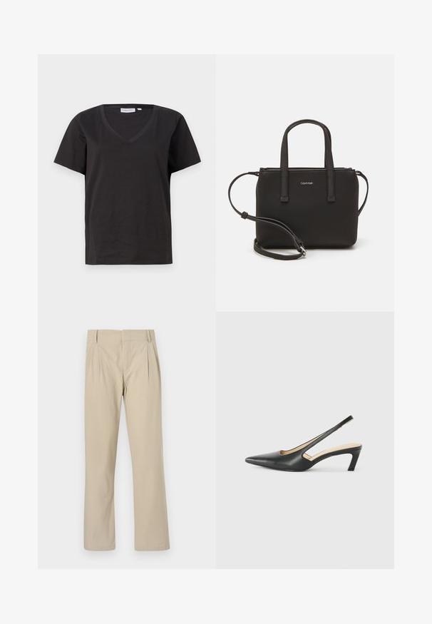Crni pamučni T-shirt s V-izrezom i kratkim rukavima. Jednostavan dizajn s regularnom krojem i bez uzoraka ili akcenta.; Bež hlače širokih nogavica od mješavine pamuka; imaju nabore sprijeda, ravni kroj i petlje za remen. Glatka tekstura, bez uzoraka.; Crne cipele s izduženim vrhom i remenom oko pete, s niskom petom, izrađene od glatke kože i s izrezbarenom stranom radi prozračnosti.; Crna torba s dva kratka ručka i uklonjivom naramenicom. Glatki materijal nalik koži s zatvaračem na zatvaranje i detaljem s logom.