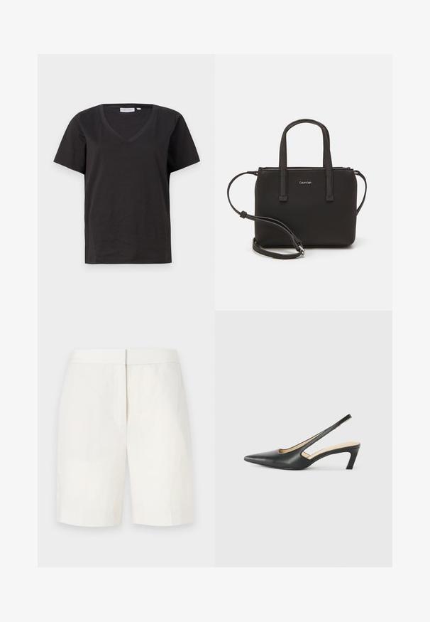 Čierne bavlnené tričko s výstrihom do V a krátkymi rukávmi. Jednoduchý dizajn s bežným strihom a bez vzorov alebo akcentov.; Biele bavlnené šortky s rovný strihom, plochým predným dielom a jemnou štruktúrou. Obsahujú pás a nemajú viditeľné vrecká. Jednoduchý dizajn.; Čierne slingback topánky s ostrou špičkou a nízkym opätkom, vyrobené z hladkej kože a s výrezmi na boku pre lepšiu priedušnosť.; Čierna kabelka s dvojitými krátkymi rúčkami a odnímateľným ramenným popruhom. Hladký materiál podobný koži s uzatváraním na zips a detailom loga.