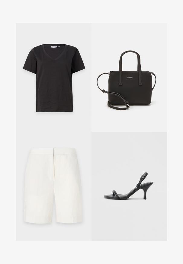 Schwarzes Baumwoll-T-Shirt mit V-Ausschnitt und kurzen Ärmeln. Einfaches Design mit normalem Schnitt und ohne Muster oder Akzente.; Weiße Baumwollshorts mit geradem Schnitt, flacher Front und subtiler Textur. Verfügt über einen Bund und keine sichtbaren Taschen. Schlichtes Design.; Schwarze Leder-Sandalen mit hohen Absätzen, schlankem, gebogenem Absatz und gekreuztem Riemendesign. Verstellbarer Knöchelriemen. Glatte Textur.; Schwarze Handtasche mit zwei kurzen, doppelt geflochtenen Griffen und einem abnehmbaren Schulterriemen. Glattes, lederähnliches Material mit einem Reißverschluss und Logodetail.