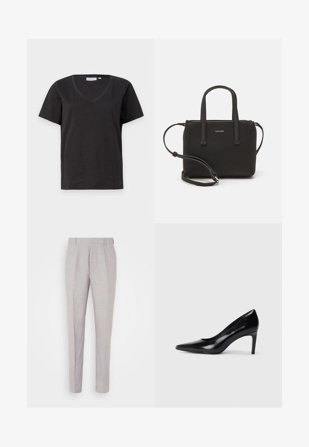 Čierne bavlnené tričko s výstrihom do V a krátkymi rukávmi. Jednoduchý dizajn s bežným strihom a bez vzorov alebo akcentov.; Svetlé šedé ľanové nohavice s rovný strihom, so splývavým predným dielom a dvoma ostrými skladmi pozdĺž nohavíc. Žiadne bočné vrecká nie sú viditeľné.; Čierna kožená vysoká topánka s ihlovým podpätkom a špičatou špicou, hladkou textúrou a zúženým podpätkom. Minimalistický dizajn, bez ďalších ozdôb.; Čierna kabelka s dvojitými krátkymi rúčkami a odnímateľným ramenným popruhom. Hladký materiál podobný koži s uzatváraním na zips a detailom loga.
