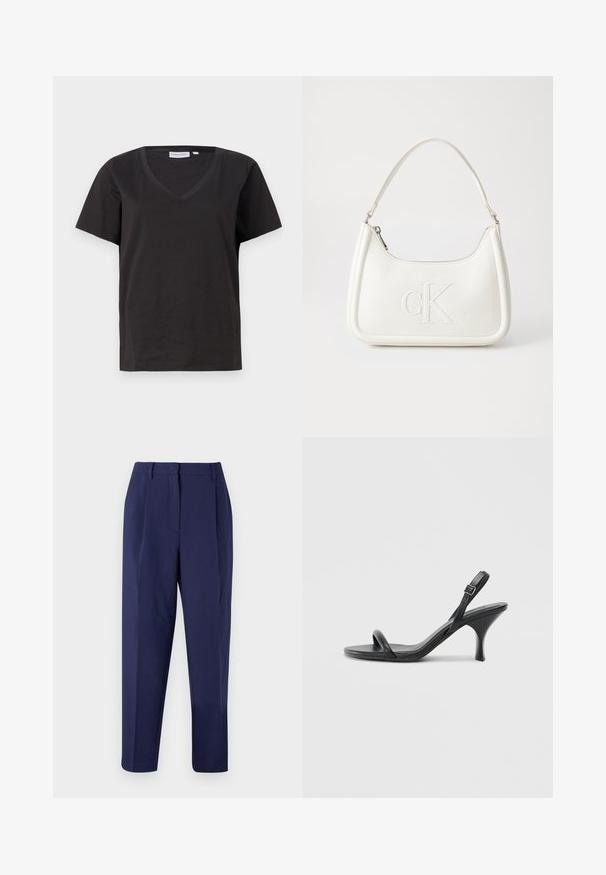 Fekete pamut póló V-nyakkal és rövid ujjakkal. Egyszerű dizájn, normál fazon, minta vagy díszítés nélkül.; Tengerészekkel készült nadrág, igényes tervezéssel. Elöl pliések, sima textúra és egyenes szár kialakítás jellemzi. Nincs látható zseb vagy díszítés.; Fekete bőrből készült, magassarkú szandál, vékony, ívelt sarokkal és keresztben átkötött pántokkal. Állítható bokapánt. Sima felület.; Fehér bőrtáska ívelt formájú, elöl feltűnő "CK" logóval, egyetlen vállpánttal. Cipzáras zárás a tetején.