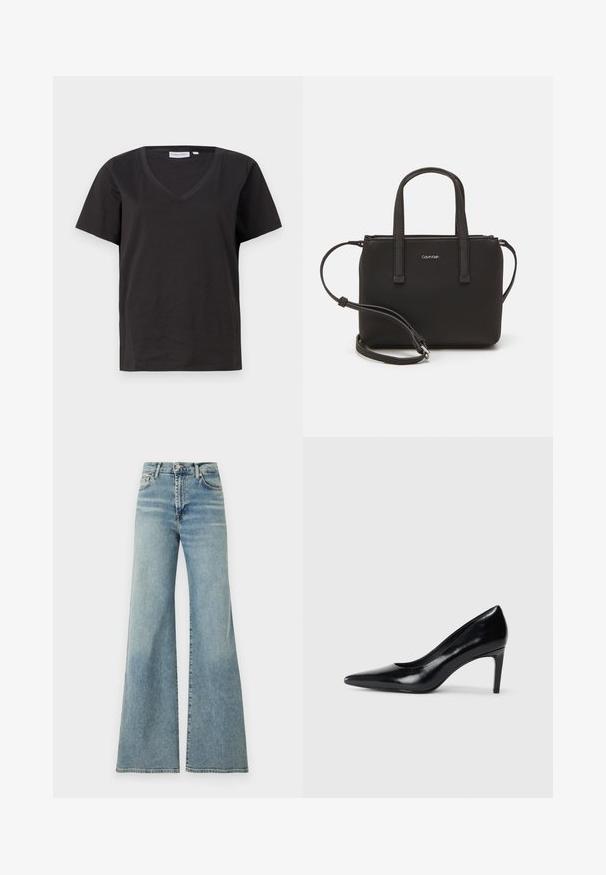 Musta puuvillainen T-paita, jossa on V-kaula-aukko ja lyhyet hihat. Yksinkertainen muotoilu, säännöllinen istuvuus ilman kuvioita tai koristeita.; Vaaleansiniset leveälahkeiset farkut, joissa on korkea vyötärö, valmistettu denimistä. Ominaisuuksiin kuuluu klassinen viiden taskun muotoilu ja hillitty haalistuminen kankaassa.; Mustat nahkakengät korkealla korolla, terävä kärki, sileä pinta ja kapeneva korko. Minimalistinen muotoilu, ei ylimääräisiä koristeita.; Musta käsilaukku, jossa on kaksinkertaiset lyhyet kahvat ja irrotettava olkahihna. Silkkinen nahkatunneinen materiaali, jossa on vetoketjukiinnitys ja logoyksityiskohta.