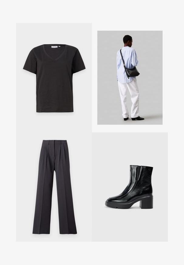 Melnas kokvilnas T-krekls ar V veida kakla izgriezumu un īsām piedurknēm. Vienkāršs dizains ar regulāru piegriezumu un bez rakstiem vai akcentiem.; Plati kāju bikses tumši pelēkā audumā. Ar krokiem jostas daļā, pieguļošu jostu un gludu tekstūru. Nav redzamu rakstu vai aparatūras.; Melnas lakotas ādas potītes zābaki ar izliekto purngalu, elastīgām sānu paneļiem un masīvu blokveida papēdi. Aizmugurē ir izsistā logo.; Melna ādas plecu soma ar mīkstu tekstūru, trīsstūra formu un regulējamu siksnu, apvienota ar gaiši zilu svītrotu krekli un baltām biksēm.