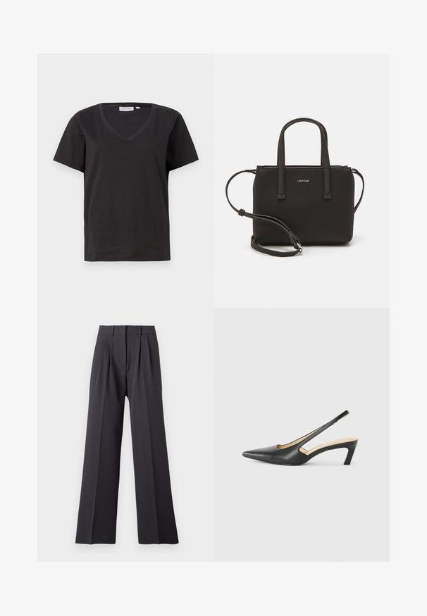 Svart bomull T-shirt med V-urringning och korta ärmar. Enkelt design med en vanlig passform och inga mönster eller accenter.; Vida byxor i mörkgrått tyg. Har veck vid midjan, en figursydd midjeband och en slät yta. Inga synliga mönster eller hårdvara.; Svart spetsig slingback-sko med låg klack, som har ett slätt lädermaterial och utskärningsdesign på sidan för andningsförmåga.; Svart handväska med dubbla korta handtag och ett avtagbart axelband. Slät läderliknande material med dragkedjestängning och logodetalj.