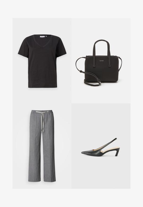 Crni pamučni T-shirt s V-izrezom i kratkim rukavima. Jednostavan dizajn s regularnom krojem i bez uzoraka ili akcenta.; Sive široke hlače s prugama izrađene od teksturirane tkanine. Imaju elastičnu podrubnicu s kremastom vezicom.; Crne cipele s izduženim vrhom i remenom oko pete, s niskom petom, izrađene od glatke kože i s izrezbarenom stranom radi prozračnosti.; Crna torba s dva kratka ručka i uklonjivom naramenicom. Glatki materijal nalik koži s zatvaračem na zatvaranje i detaljem s logom.