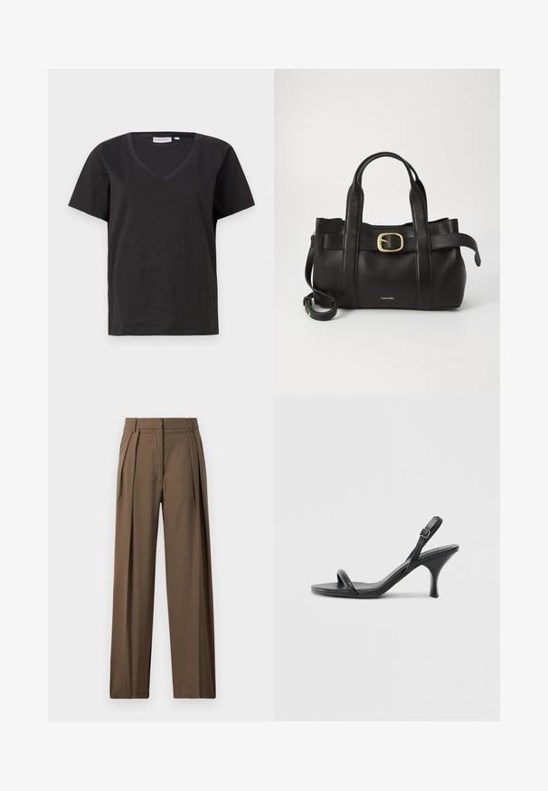 T-shirt en coton noir avec un col en V et des manches courtes. Design simple avec une coupe régulière et sans motifs ni accents.; Pantalons marron à jambe large en tissu lisse, avec des plis avant et une taille cintrée pour un look structuré.; Sandales à talons hauts en cuir noir avec un talon fin et courbé et un design de brides croisées. Bride de cheville réglable. Texture lisse.; Sac à main en cuir noir présentant un design structuré, deux poignées supérieures, un accent de boucle en ton doré et un logo de la marque en relief à l'avant.