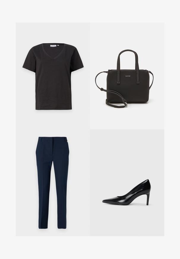 Črna bombažna majica s kratkimi rokavi in V-izrezom. Preprost dizajn z običajnim krojem in brez vzorcev ali dodatkov.; Mornarske hlače iz gladkega blaga, z ravnim sprednjim delom, z zanko za pas in diskretno stransko obrobo blizu pasu. Oprijeta zasnova.; Črna usnjena črna čevlja na visokem petu z zašiljenim prstom, gladko teksturo in zoženim peto. Minimalističen dizajn, brez dodatnih okraskov.; Črna torbica z dvema kratkima ročajema in odstranljivim naramnim trakom. Gladek usnju podoben material z zadrgo in podrobnostmi z logotipom.