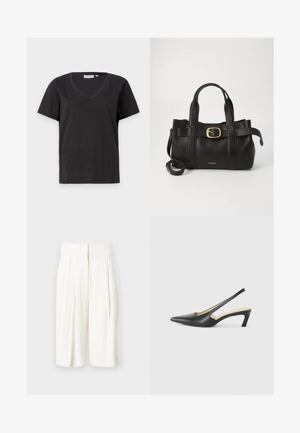 T-shirt en coton noir avec un col en V et des manches courtes. Design simple avec une coupe régulière et sans motifs ni accents.; Shorts blancs plissés avec une taille haute. Tissu lisse avec une coupe détendue, dotés de poches sur les côtés et d'une longueur jusqu'aux genoux.; Slingback noir à bout pointu avec un petit talon, en cuir lisse et doté d'un design découpé sur le côté pour plus de respirabilité.; Sac à main en cuir noir présentant un design structuré, deux poignées supérieures, un accent de boucle en ton doré et un logo de la marque en relief à l'avant.