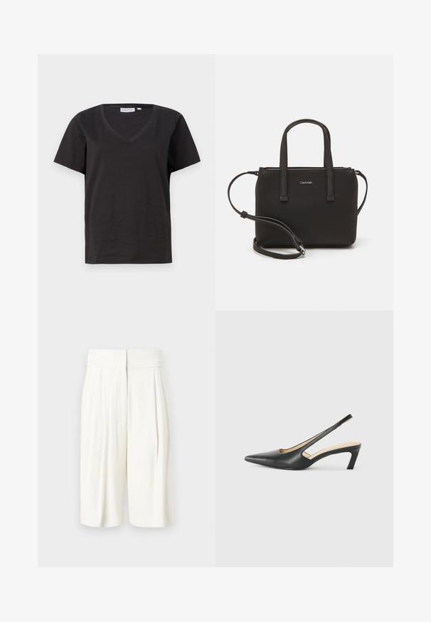 Juodas medvilninis marškinėlis su V formos iškirpte ir trumpomis rankovėmis. Paprastas dizainas, reguliaraus kirpimo, be raštų ar akcentų.; Baltos klostuotos šortai su aukštu juosmeniu. Lygus audinys su laisva forma, su šoninėmis kišenėmis ir iki kelių siekiančiu siluetu.; Juodas smailus slingback batelis su žemu kulnu, pagamintas iš lygaus odos paviršiaus ir su išpjovomis šone, užtikrinančiomis oro pralaidumą.; Juoda rankinė su dviem trumpais rankenėlėmis ir nuimamu petį. Lygaus odos tipo medžiaga su užtrauktuku ir logotipo detale.