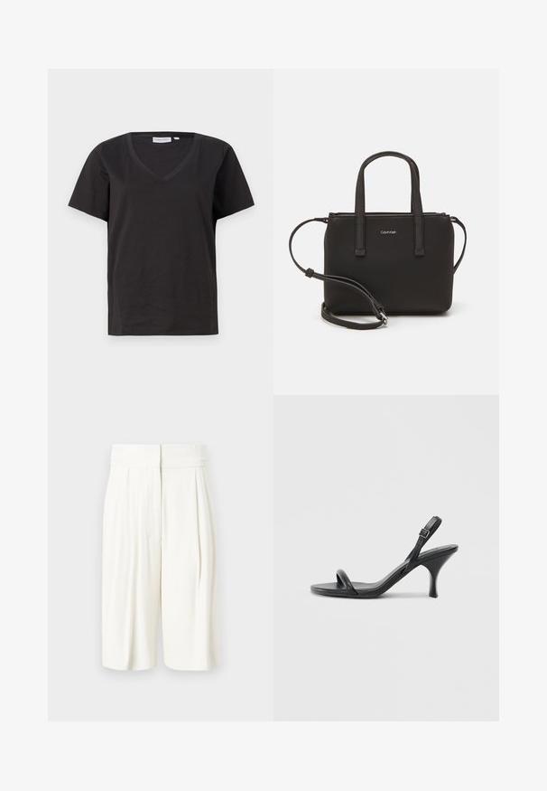 Sort bomulds T-shirt med V-hals og korte ærmer. Enkel design med regular fit og ingen mønstre eller accenter.; Hvide plissee shorts med høj talje. Glat stof med en afslappet form, der har sidelommer og en knælang skæring.; Sorte læder højhælede sandaler med en slank, buet hæl og et krydset stropdesign. Justerbar ankelrem. Glat tekstur.; Sort håndtaske med to korte håndtag og en aftagelig skulderrem. Glat læderagtigt materiale med lynlåslukning og logo detaljer.