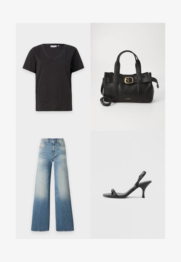 Zwarte katoenen T-shirt met een V-hals en korte mouwen. Eenvoudig ontwerp met een regular fit en zonder patronen of accenten.; Lichtblauwe denim wide-leg jeans met een vervaagde gradient effect, versleten details nabij de zakken en een klassieke vijf zakken ontwerp.; Zwarte leren sandalen met hoge hakken, een slanke, gebogen hak en een gekruist bandontwerp. Verstelbare enkelband. Soepele textuur.; Zwarte leren handtas met een gestructureerd ontwerp, dubbele handgrepen aan de bovenkant, een gouden gespaccent en een geperst merklogo aan de voorkant.